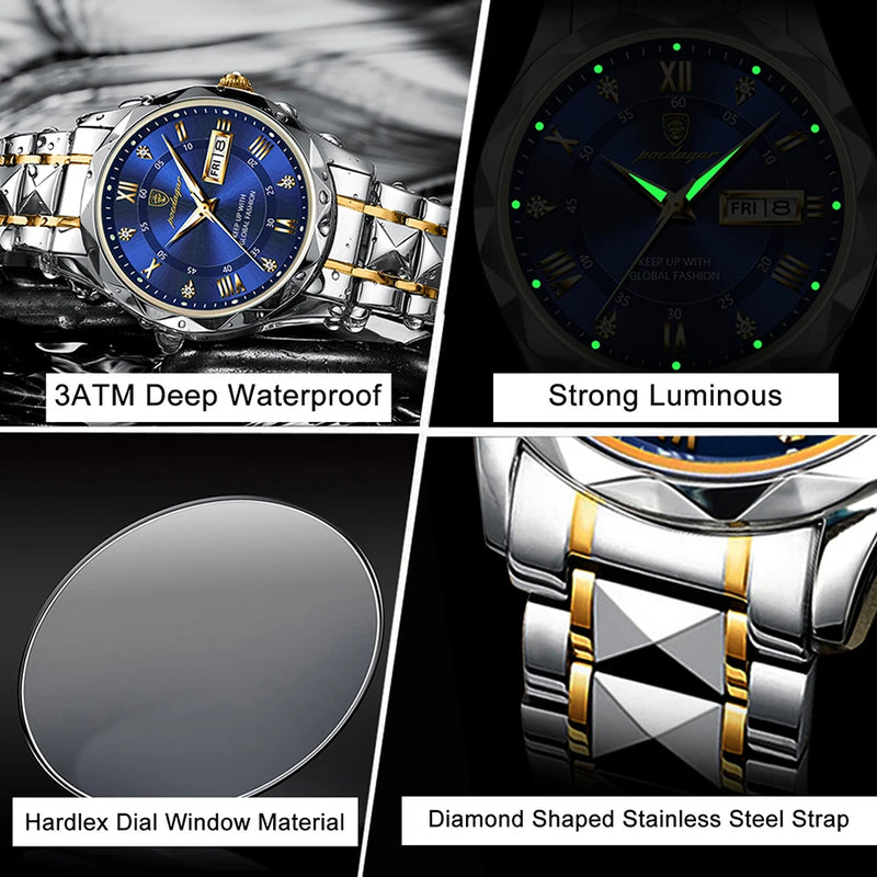 POEDAGAR Men Luxury Watches Stainless Steel Quartz Wrsitwatches Male Auto Date Clock with Luminous New Design Business Hands+box